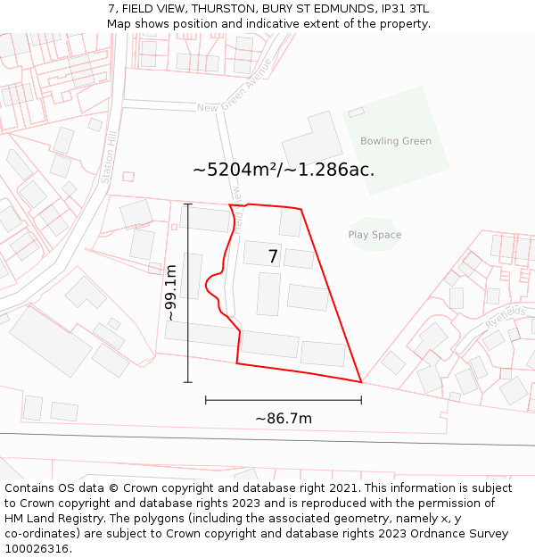 7, FIELD VIEW, THURSTON, BURY ST EDMUNDS, IP31 3TL: Plot and title map
