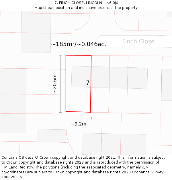 7, FINCH CLOSE, LINCOLN, LN6 0JX: Plot and title map