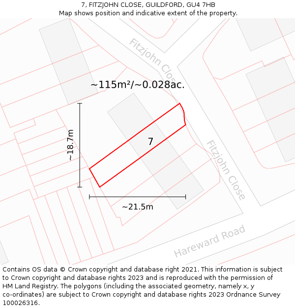 7, FITZJOHN CLOSE, GUILDFORD, GU4 7HB: Plot and title map