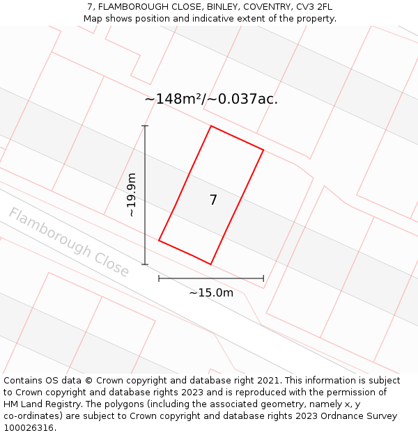 7, FLAMBOROUGH CLOSE, BINLEY, COVENTRY, CV3 2FL: Plot and title map