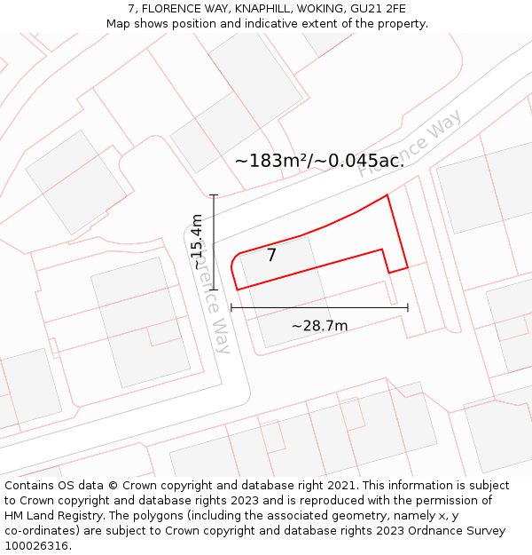 7, FLORENCE WAY, KNAPHILL, WOKING, GU21 2FE: Plot and title map