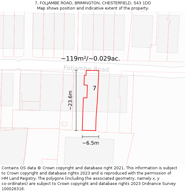 7, FOLJAMBE ROAD, BRIMINGTON, CHESTERFIELD, S43 1DD: Plot and title map