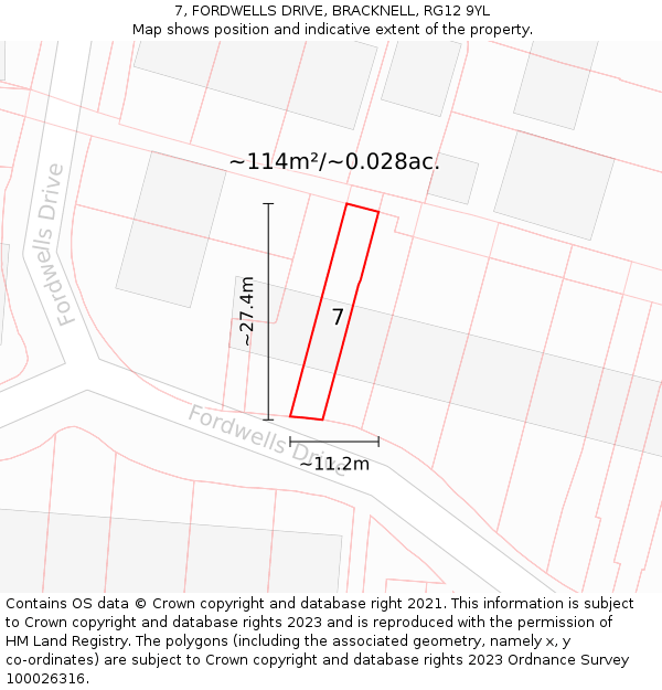 7, FORDWELLS DRIVE, BRACKNELL, RG12 9YL: Plot and title map