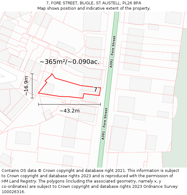 7, FORE STREET, BUGLE, ST AUSTELL, PL26 8PA: Plot and title map