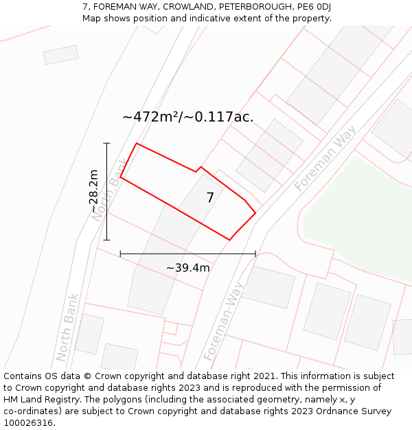 7, FOREMAN WAY, CROWLAND, PETERBOROUGH, PE6 0DJ: Plot and title map
