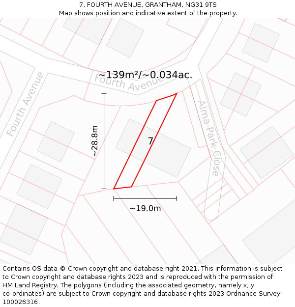 7, FOURTH AVENUE, GRANTHAM, NG31 9TS: Plot and title map