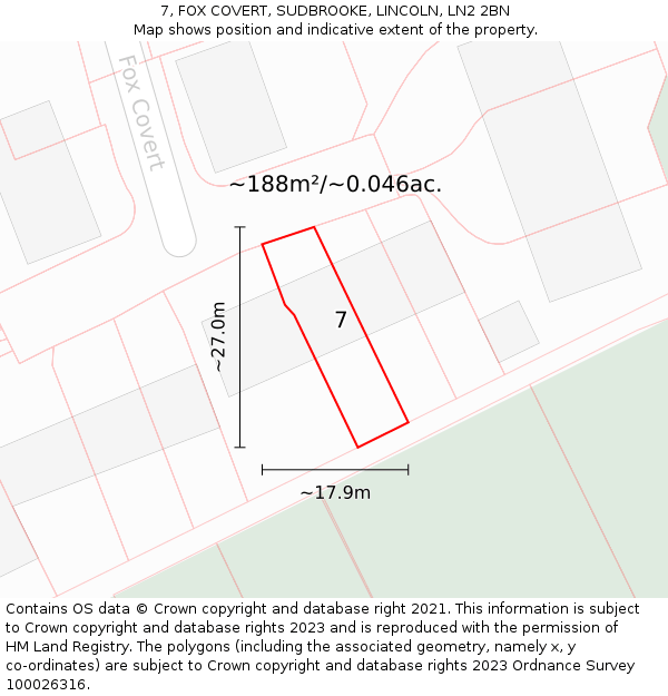 7, FOX COVERT, SUDBROOKE, LINCOLN, LN2 2BN: Plot and title map