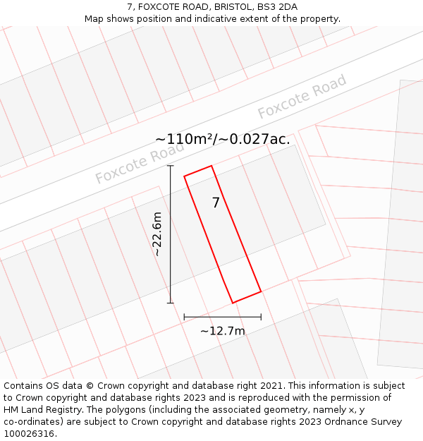 7, FOXCOTE ROAD, BRISTOL, BS3 2DA: Plot and title map