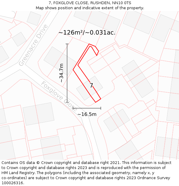 7, FOXGLOVE CLOSE, RUSHDEN, NN10 0TS: Plot and title map