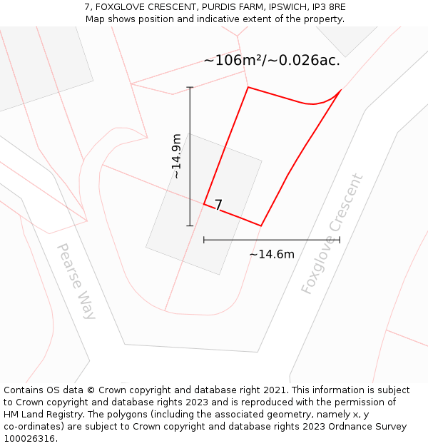 7, FOXGLOVE CRESCENT, PURDIS FARM, IPSWICH, IP3 8RE: Plot and title map