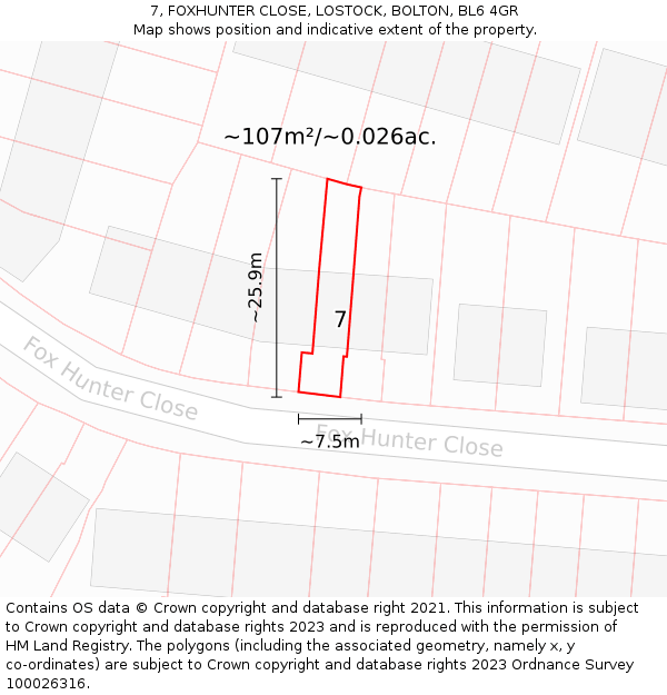 7, FOXHUNTER CLOSE, LOSTOCK, BOLTON, BL6 4GR: Plot and title map