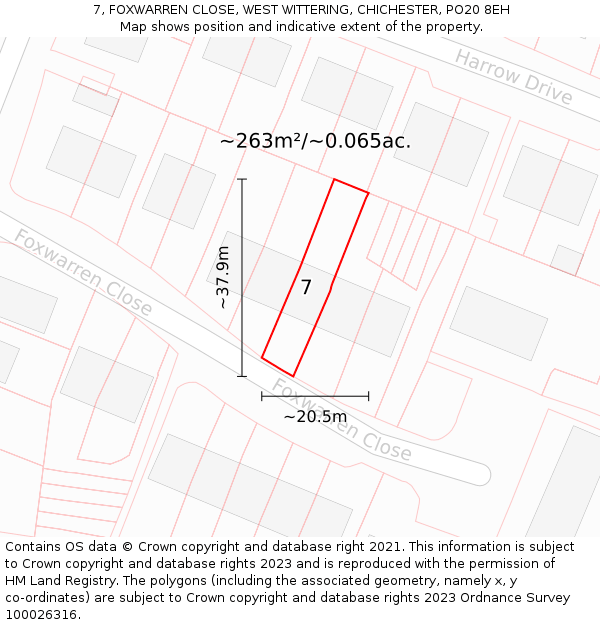 7, FOXWARREN CLOSE, WEST WITTERING, CHICHESTER, PO20 8EH: Plot and title map