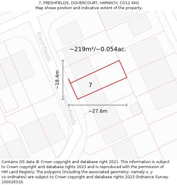 7, FRESHFIELDS, DOVERCOURT, HARWICH, CO12 4XG: Plot and title map