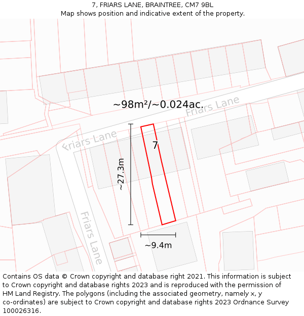 7, FRIARS LANE, BRAINTREE, CM7 9BL: Plot and title map
