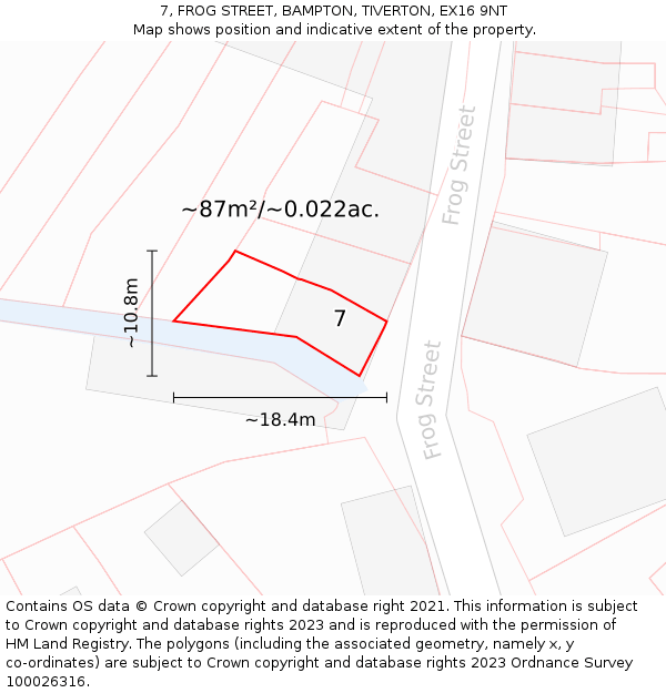 7, FROG STREET, BAMPTON, TIVERTON, EX16 9NT: Plot and title map