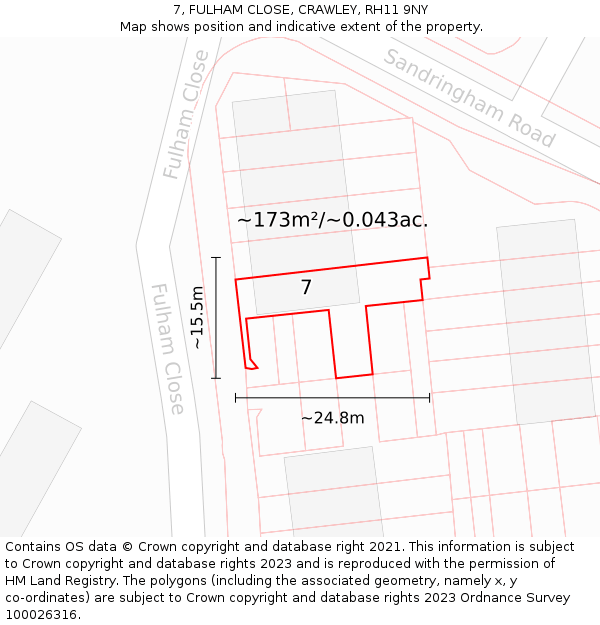 7, FULHAM CLOSE, CRAWLEY, RH11 9NY: Plot and title map