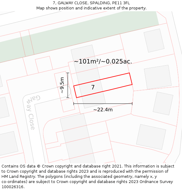 7, GALWAY CLOSE, SPALDING, PE11 3FL: Plot and title map
