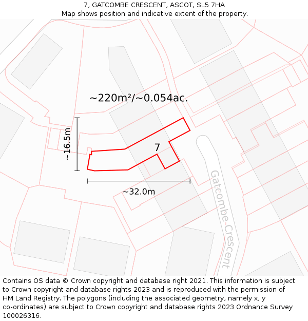 7, GATCOMBE CRESCENT, ASCOT, SL5 7HA: Plot and title map