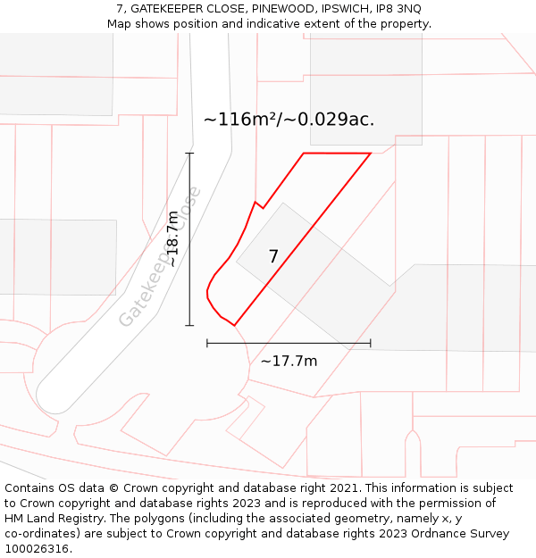 7, GATEKEEPER CLOSE, PINEWOOD, IPSWICH, IP8 3NQ: Plot and title map