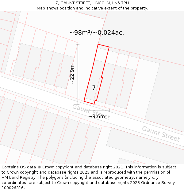7, GAUNT STREET, LINCOLN, LN5 7PU: Plot and title map