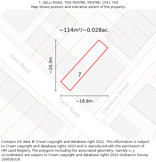 7, GELLI ROAD, TON PENTRE, PENTRE, CF41 7AS: Plot and title map