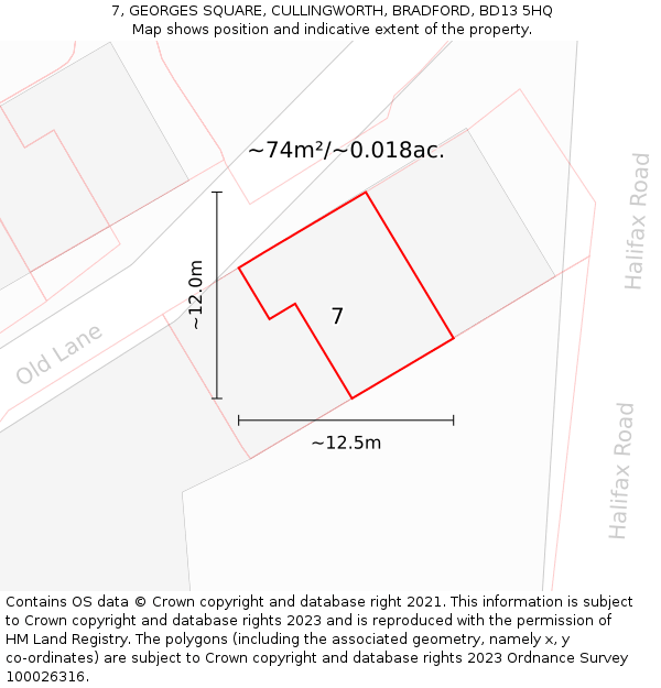 7, GEORGES SQUARE, CULLINGWORTH, BRADFORD, BD13 5HQ: Plot and title map