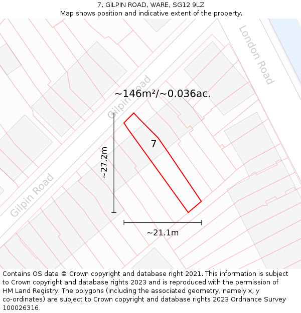 7, GILPIN ROAD, WARE, SG12 9LZ: Plot and title map