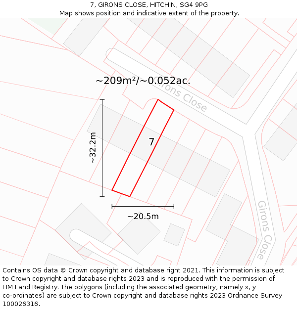 7, GIRONS CLOSE, HITCHIN, SG4 9PG: Plot and title map