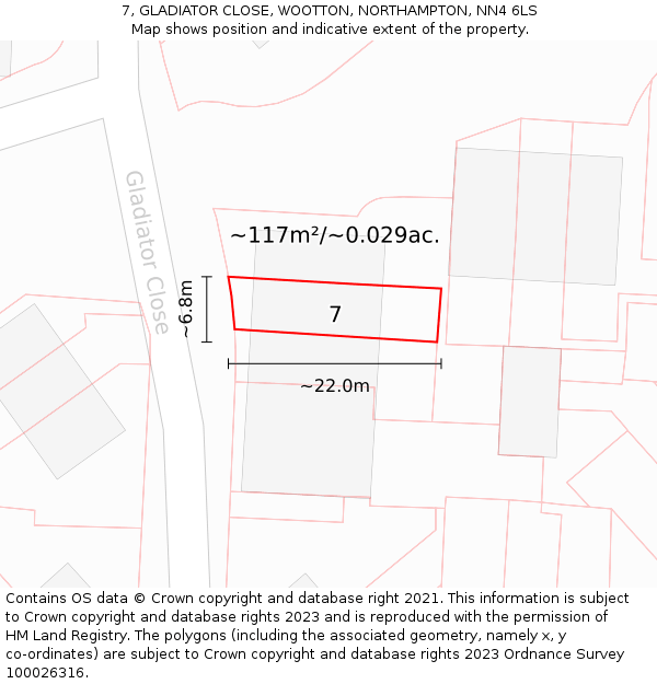 7, GLADIATOR CLOSE, WOOTTON, NORTHAMPTON, NN4 6LS: Plot and title map