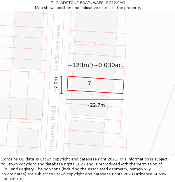 7, GLADSTONE ROAD, WARE, SG12 0AG: Plot and title map