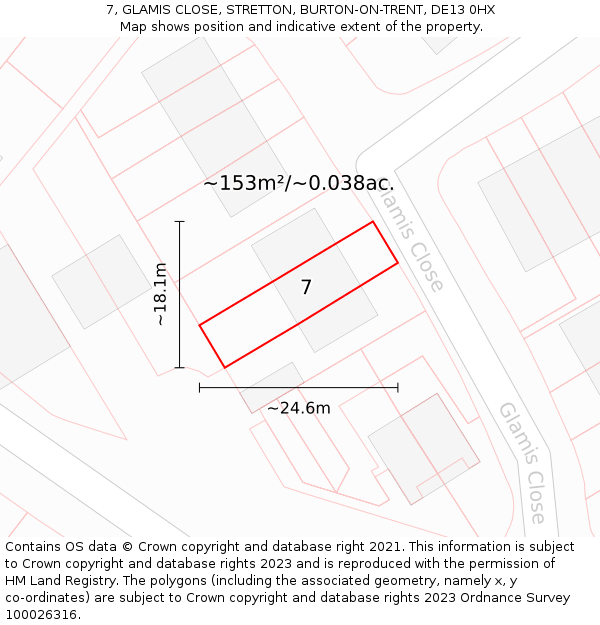 7, GLAMIS CLOSE, STRETTON, BURTON-ON-TRENT, DE13 0HX: Plot and title map