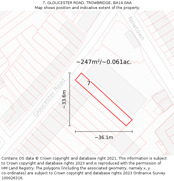 7, GLOUCESTER ROAD, TROWBRIDGE, BA14 0AA: Plot and title map