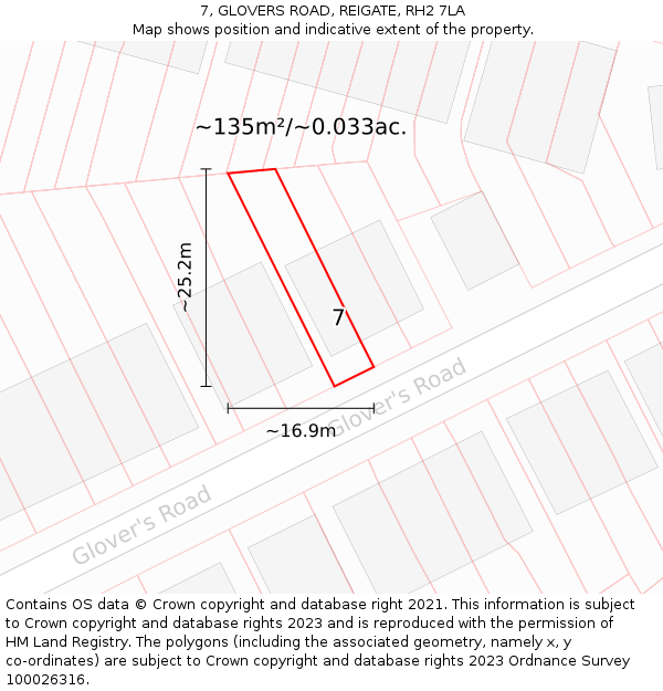 7, GLOVERS ROAD, REIGATE, RH2 7LA: Plot and title map