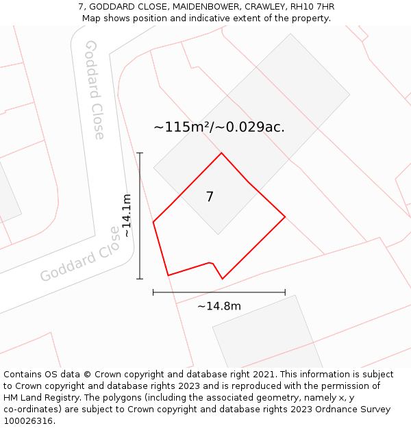 7, GODDARD CLOSE, MAIDENBOWER, CRAWLEY, RH10 7HR: Plot and title map