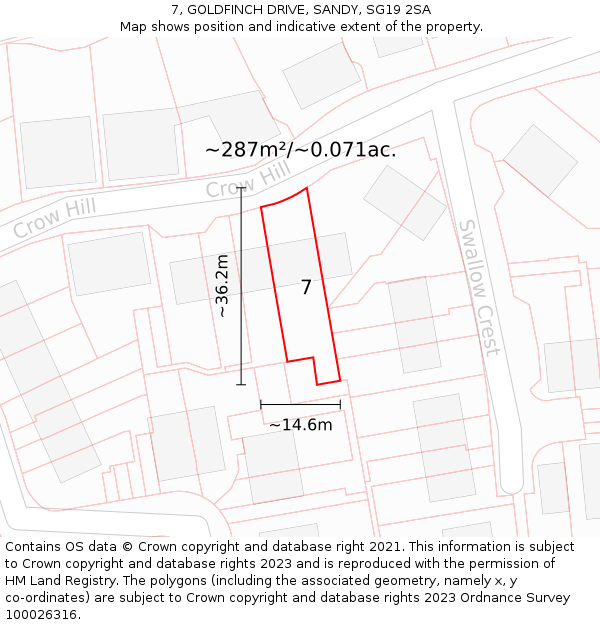 7, GOLDFINCH DRIVE, SANDY, SG19 2SA: Plot and title map
