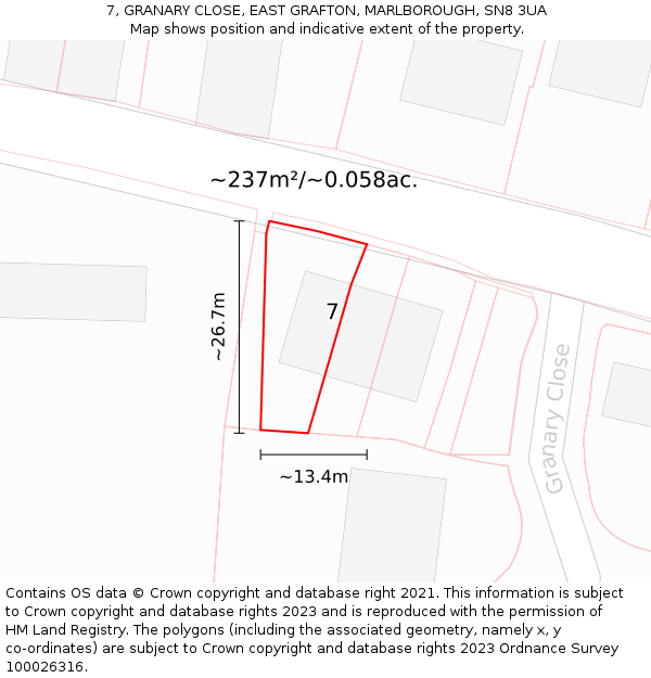 7, GRANARY CLOSE, EAST GRAFTON, MARLBOROUGH, SN8 3UA: Plot and title map