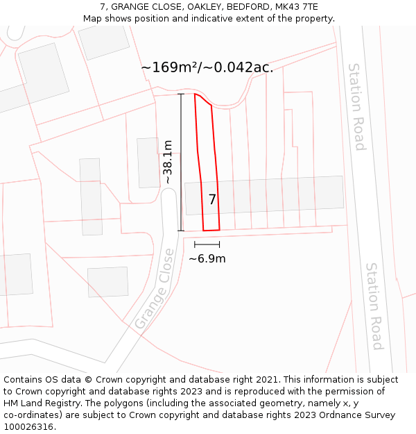 7, GRANGE CLOSE, OAKLEY, BEDFORD, MK43 7TE: Plot and title map