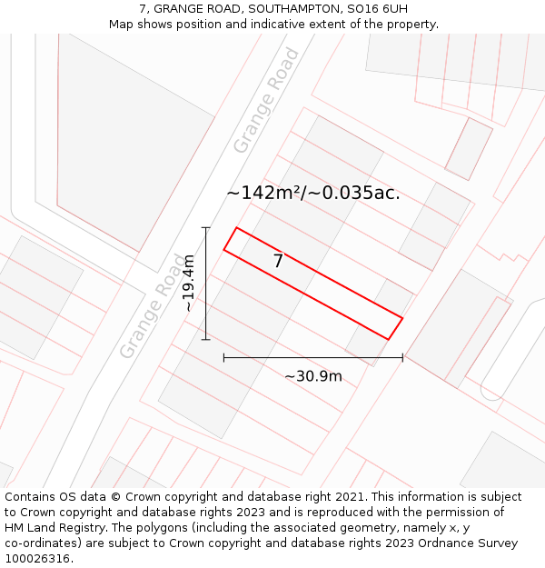 7, GRANGE ROAD, SOUTHAMPTON, SO16 6UH: Plot and title map