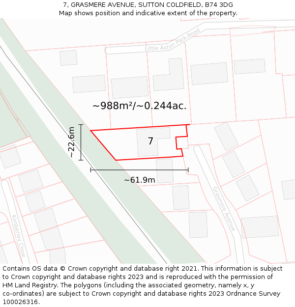 7, GRASMERE AVENUE, SUTTON COLDFIELD, B74 3DG: Plot and title map