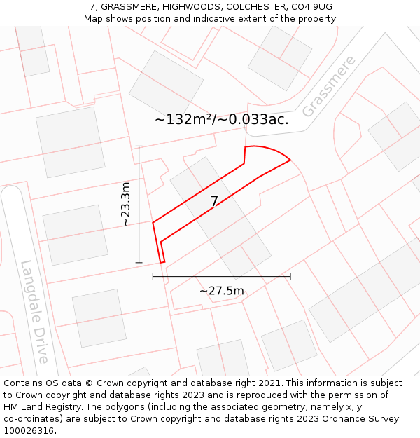 7, GRASSMERE, HIGHWOODS, COLCHESTER, CO4 9UG: Plot and title map