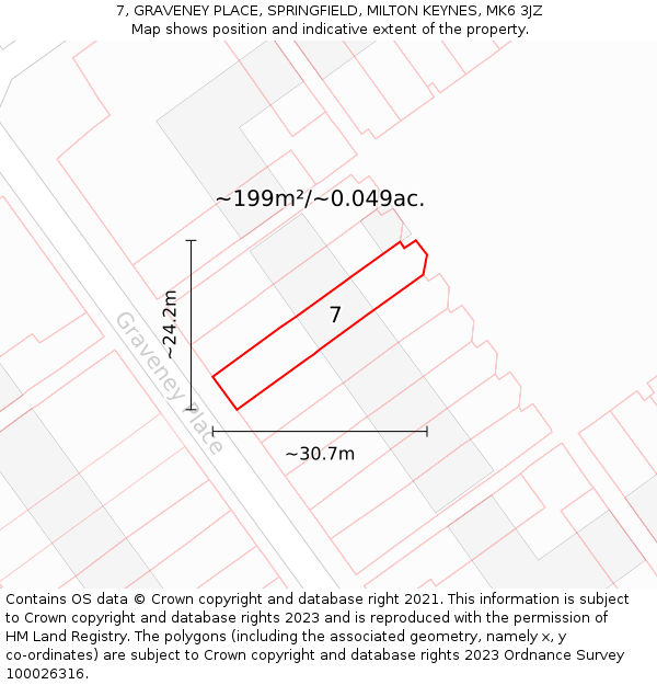 7, GRAVENEY PLACE, SPRINGFIELD, MILTON KEYNES, MK6 3JZ: Plot and title map