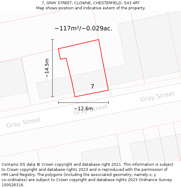 7, GRAY STREET, CLOWNE, CHESTERFIELD, S43 4RT: Plot and title map