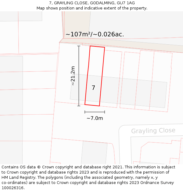 7, GRAYLING CLOSE, GODALMING, GU7 1AG: Plot and title map