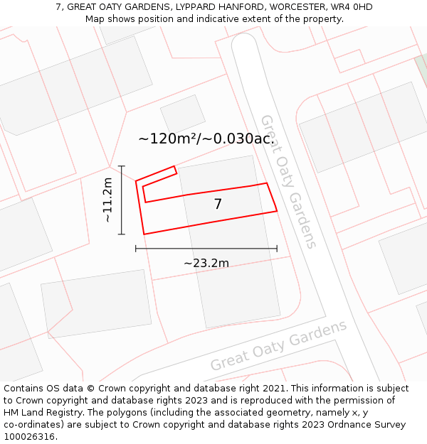 7, GREAT OATY GARDENS, LYPPARD HANFORD, WORCESTER, WR4 0HD: Plot and title map