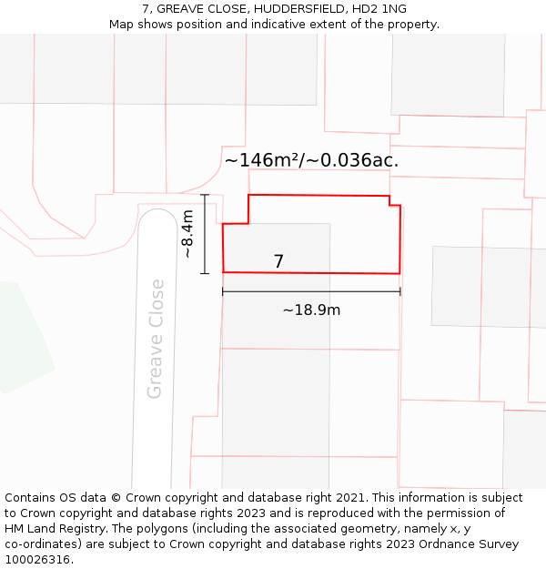 7, GREAVE CLOSE, HUDDERSFIELD, HD2 1NG: Plot and title map