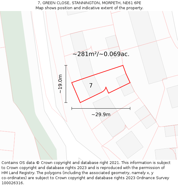 7, GREEN CLOSE, STANNINGTON, MORPETH, NE61 6PE: Plot and title map