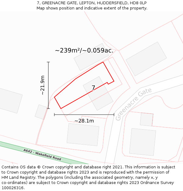 7, GREENACRE GATE, LEPTON, HUDDERSFIELD, HD8 0LP: Plot and title map
