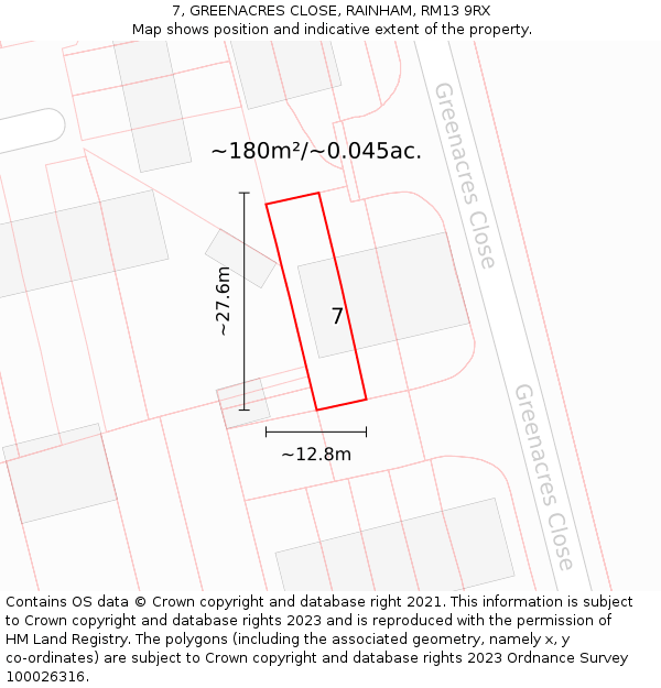 7, GREENACRES CLOSE, RAINHAM, RM13 9RX: Plot and title map