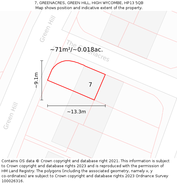 7, GREENACRES, GREEN HILL, HIGH WYCOMBE, HP13 5QB: Plot and title map