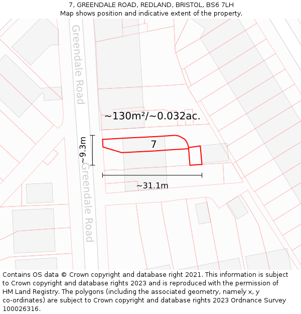 7, GREENDALE ROAD, REDLAND, BRISTOL, BS6 7LH: Plot and title map